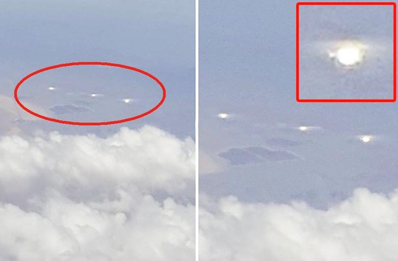 Три светящиеся НЛО замечены пассажирами самолета.